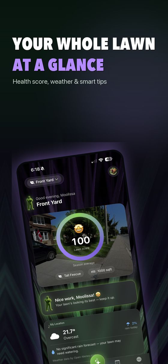 Your whole lawn at a glance — health score, weather and smart tips