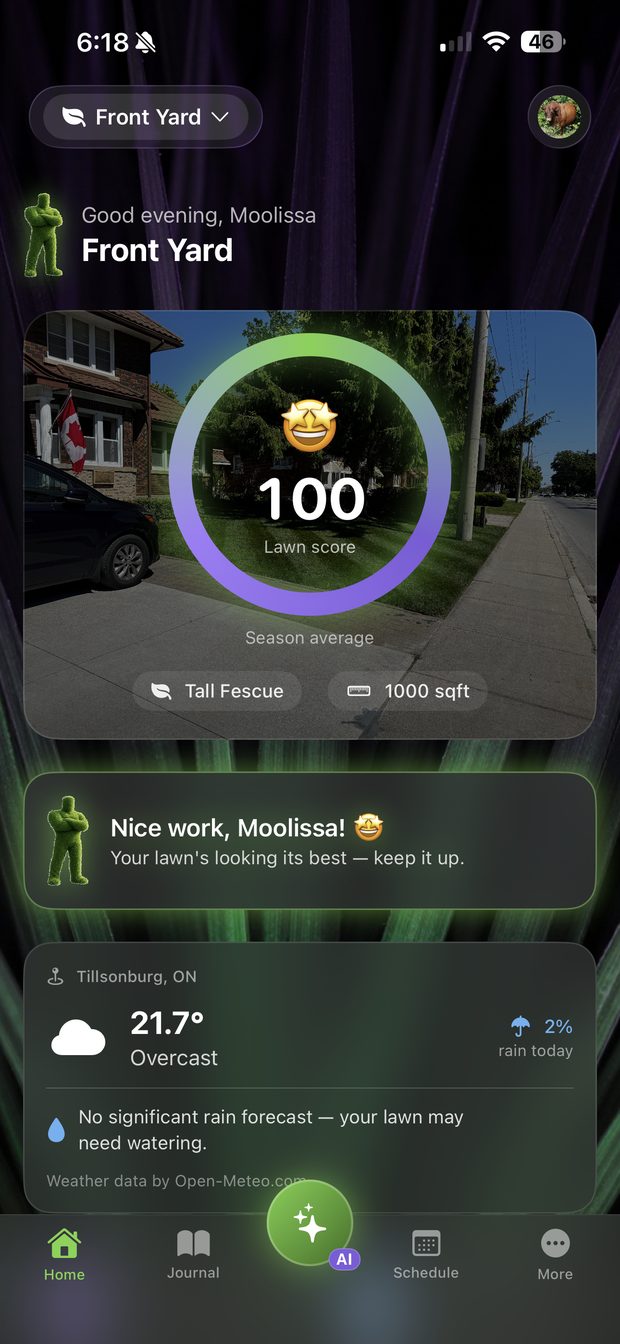Big Grass Guy home screen: a perfect 100 lawn score, live weather, and personalized recommendations